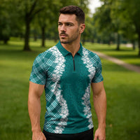 Hawaii Aloha Plumeria Lei Teal Palaka Zipper Polo Shirt - Polynesian Pride