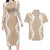 Hawaii Aloha Plumeria Lei Beige Palaka Couples Matching Long Sleeve Bodycon Dress and Hawaiian Shirt - Polynesian Pride