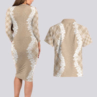 Hawaii Aloha Plumeria Lei Beige Palaka Couples Matching Long Sleeve Bodycon Dress and Hawaiian Shirt LT7 - Polynesian Pride