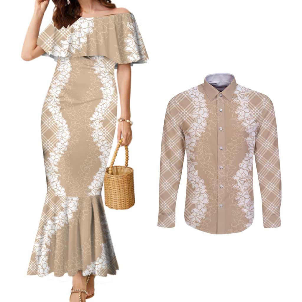 Hawaii Aloha Plumeria Lei Beige Palaka Couples Matching Mermaid Dress and Long Sleeve Button Shirt - Polynesian Pride