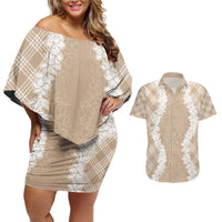 Hawaii Aloha Plumeria Lei Beige Palaka Couples Matching Off Shoulder Short Dress and Hawaiian Shirt - Polynesian Pride
