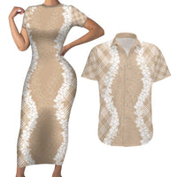 Hawaii Aloha Plumeria Lei Beige Palaka Couples Matching Short Sleeve Bodycon Dress and Hawaiian Shirt LT7 Beige - Polynesian Pride