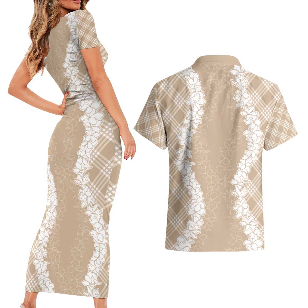 Hawaii Aloha Plumeria Lei Beige Palaka Couples Matching Short Sleeve Bodycon Dress and Hawaiian Shirt LT7 - Polynesian Pride