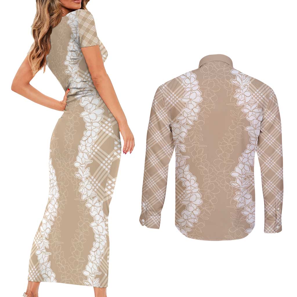 Hawaii Aloha Plumeria Lei Beige Palaka Couples Matching Short Sleeve Bodycon Dress and Long Sleeve Button Shirt - Polynesian Pride