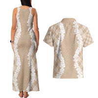 Hawaii Aloha Plumeria Lei Beige Palaka Couples Matching Tank Maxi Dress and Hawaiian Shirt - Polynesian Pride