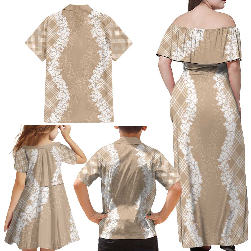 Hawaii Aloha Plumeria Lei Beige Palaka Family Matching Off Shoulder Maxi Dress and Hawaiian Shirt - Polynesian Pride