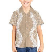 Hawaii Aloha Plumeria Lei Beige Palaka Family Matching Off Shoulder Maxi Dress and Hawaiian Shirt - Polynesian Pride