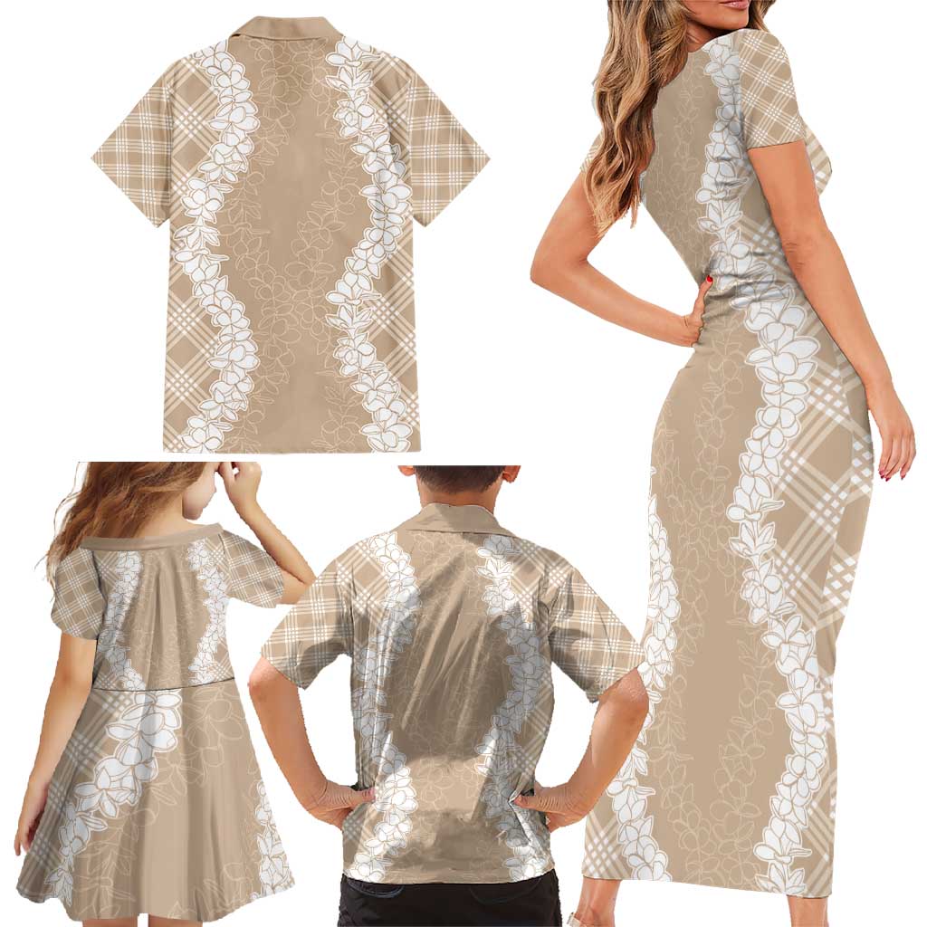 Hawaii Aloha Plumeria Lei Beige Palaka Family Matching Short Sleeve Bodycon Dress and Hawaiian Shirt - Polynesian Pride