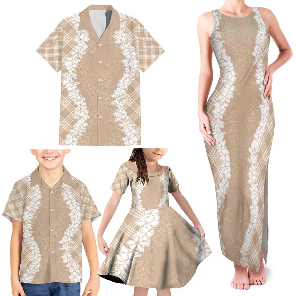 Hawaii Aloha Plumeria Lei Beige Palaka Family Matching Tank Maxi Dress and Hawaiian Shirt - Polynesian Pride