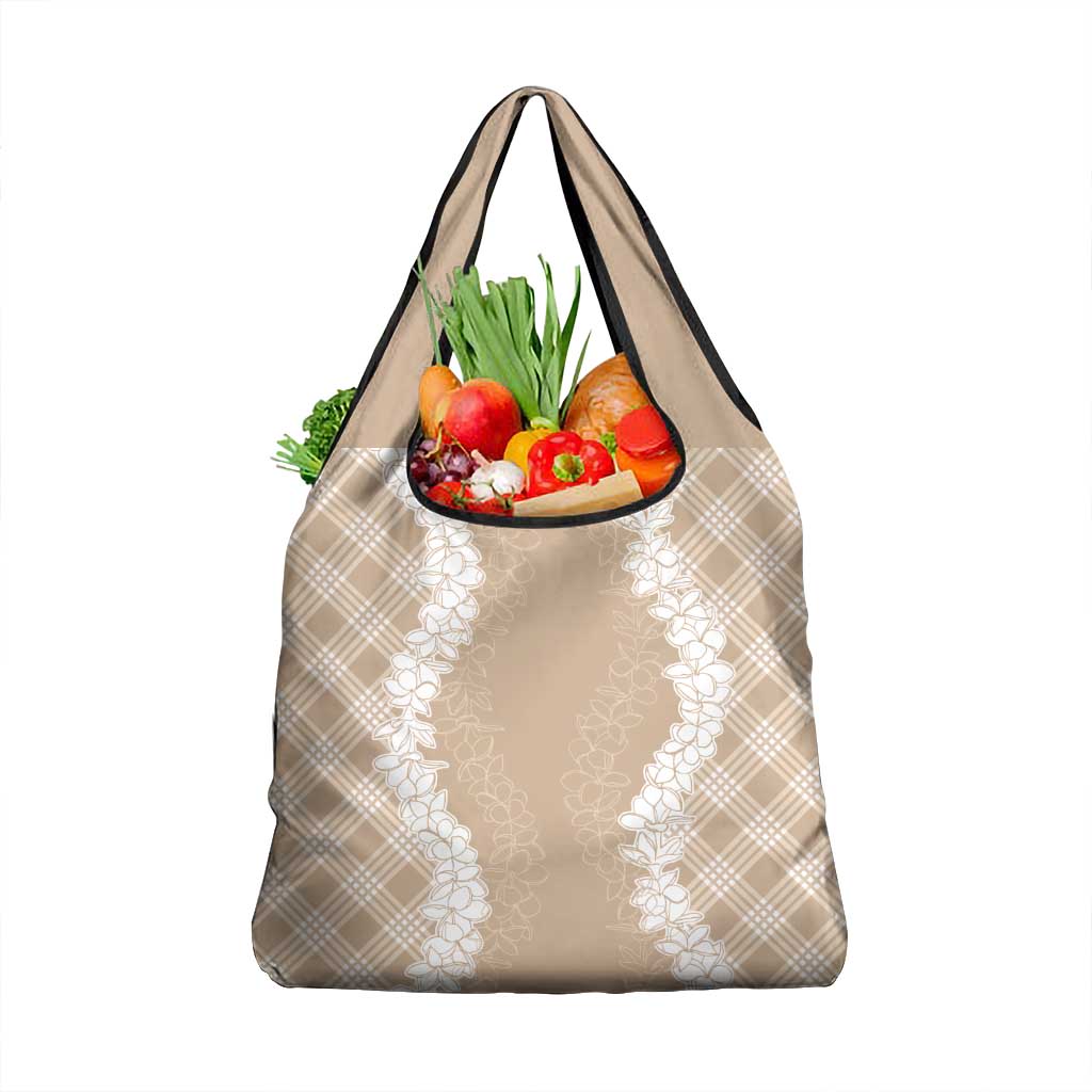 Hawaii Aloha Plumeria Lei Beige Palaka Grocery Bag - Polynesian Pride