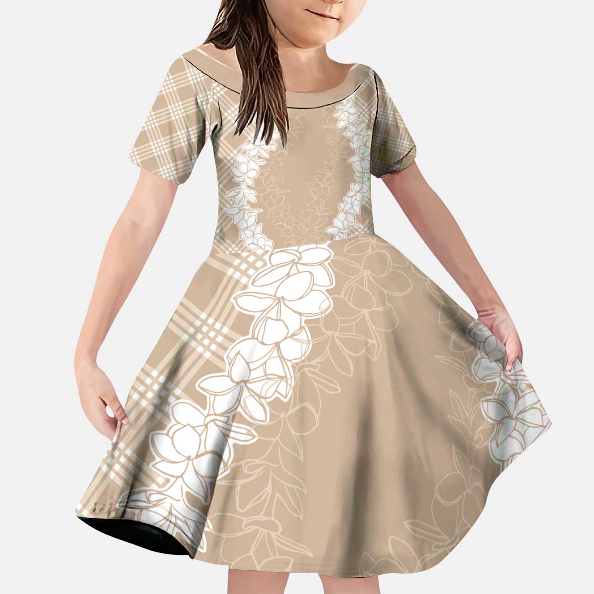 Hawaii Aloha Plumeria Lei Beige Palaka Kid Short Sleeve Dress - Polynesian Pride