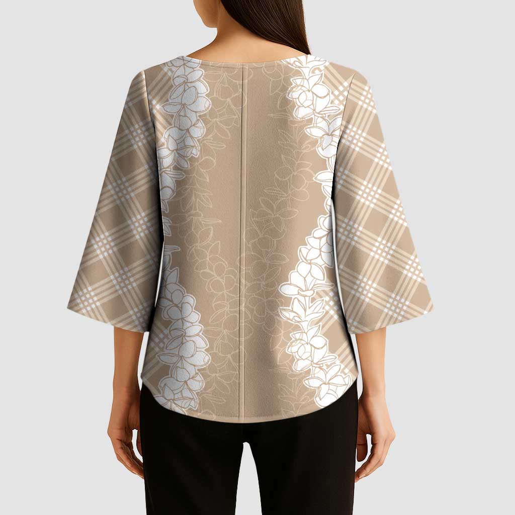 Hawaii Aloha Plumeria Lei Beige Palaka Kimono Sleeve Blouse - Polynesian Pride