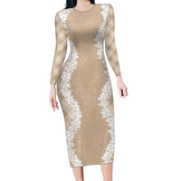 Hawaii Aloha Plumeria Lei Beige Palaka Long Sleeve Bodycon Dress - Polynesian Pride