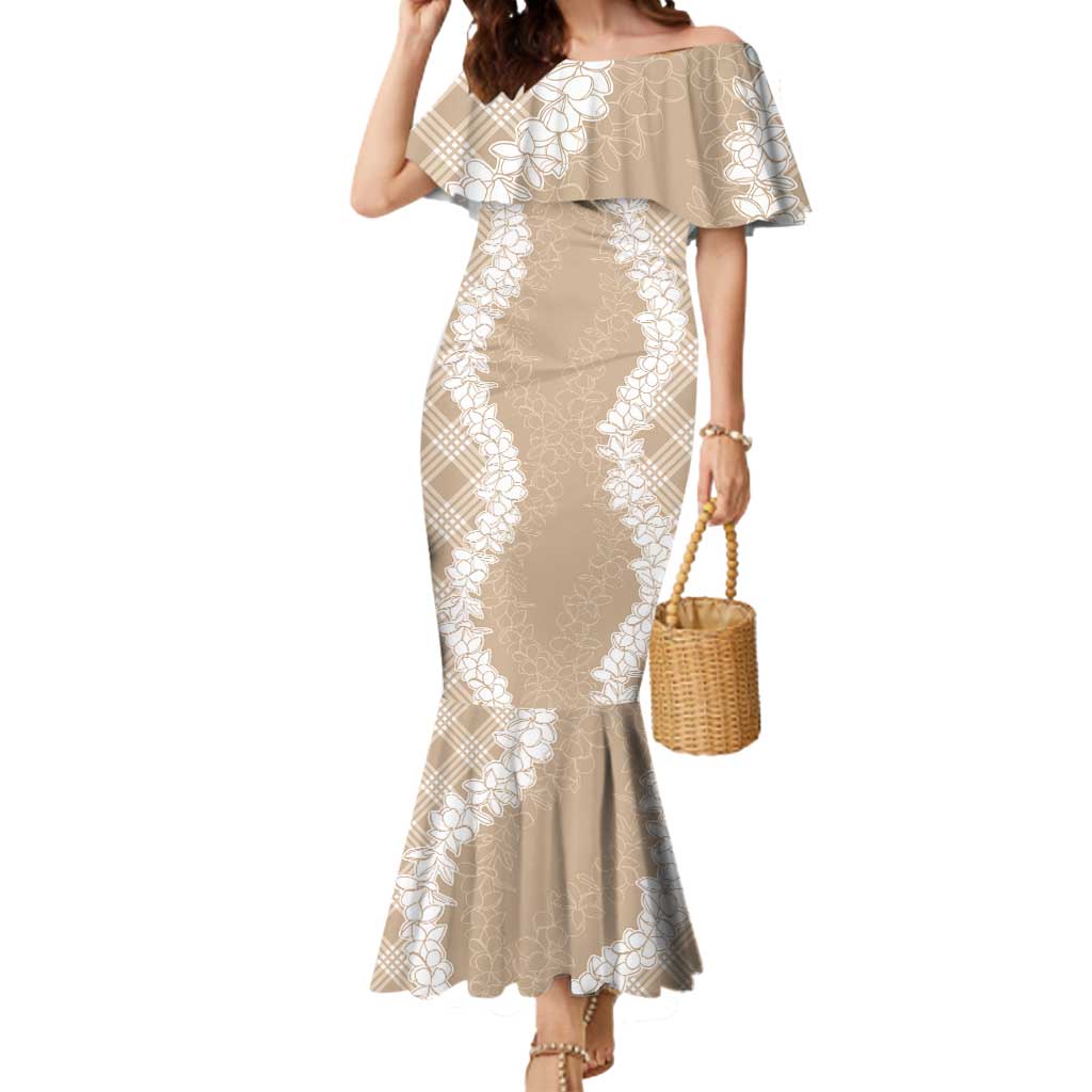 Hawaii Aloha Plumeria Lei Beige Palaka Mermaid Dress LT7 Women Beige - Polynesian Pride