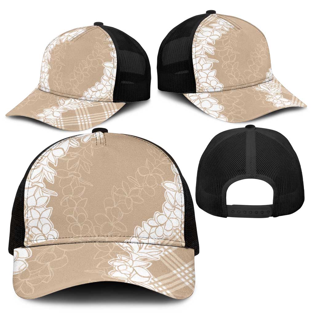 Hawaii Aloha Plumeria Lei Beige Palaka Mesh Trucker Cap - Polynesian Pride