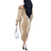 Hawaii Aloha Plumeria Lei Beige Palaka Off The Shoulder Long Sleeve Dress - Polynesian Pride