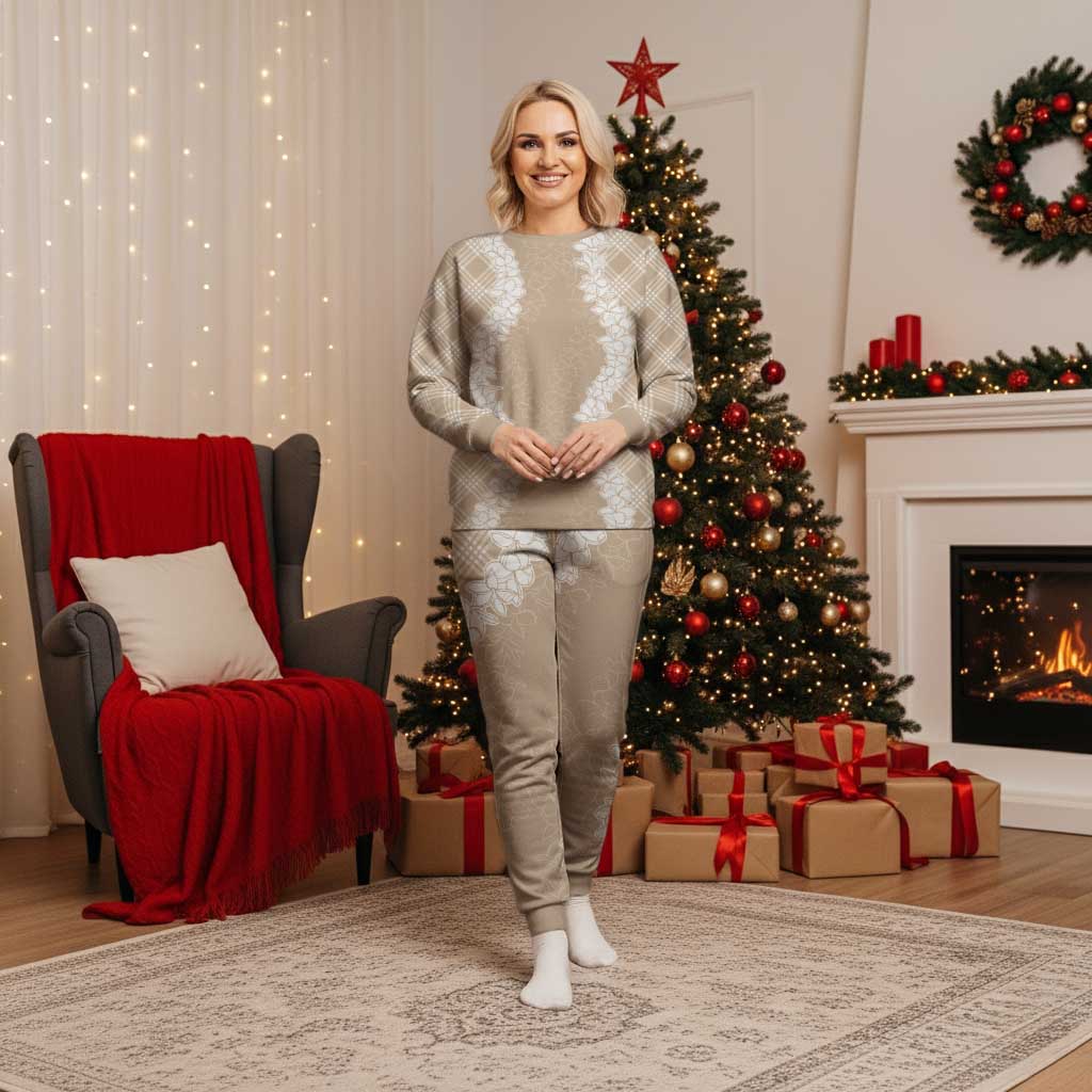 Hawaii Aloha Plumeria Lei Beige Palaka Christmas Pajama Set - Polynesian Pride