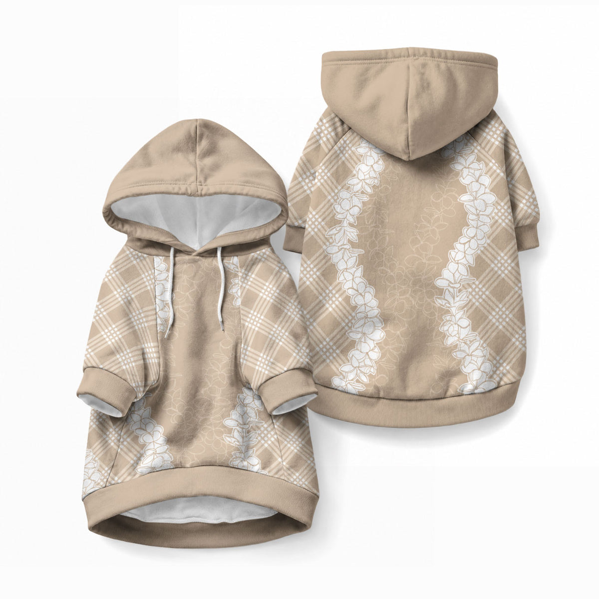 Hawaii Aloha Plumeria Lei Beige Palaka Pet Hoodie