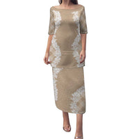 Hawaii Aloha Plumeria Lei Beige Palaka Puletasi LT7 Long Dress Beige - Polynesian Pride