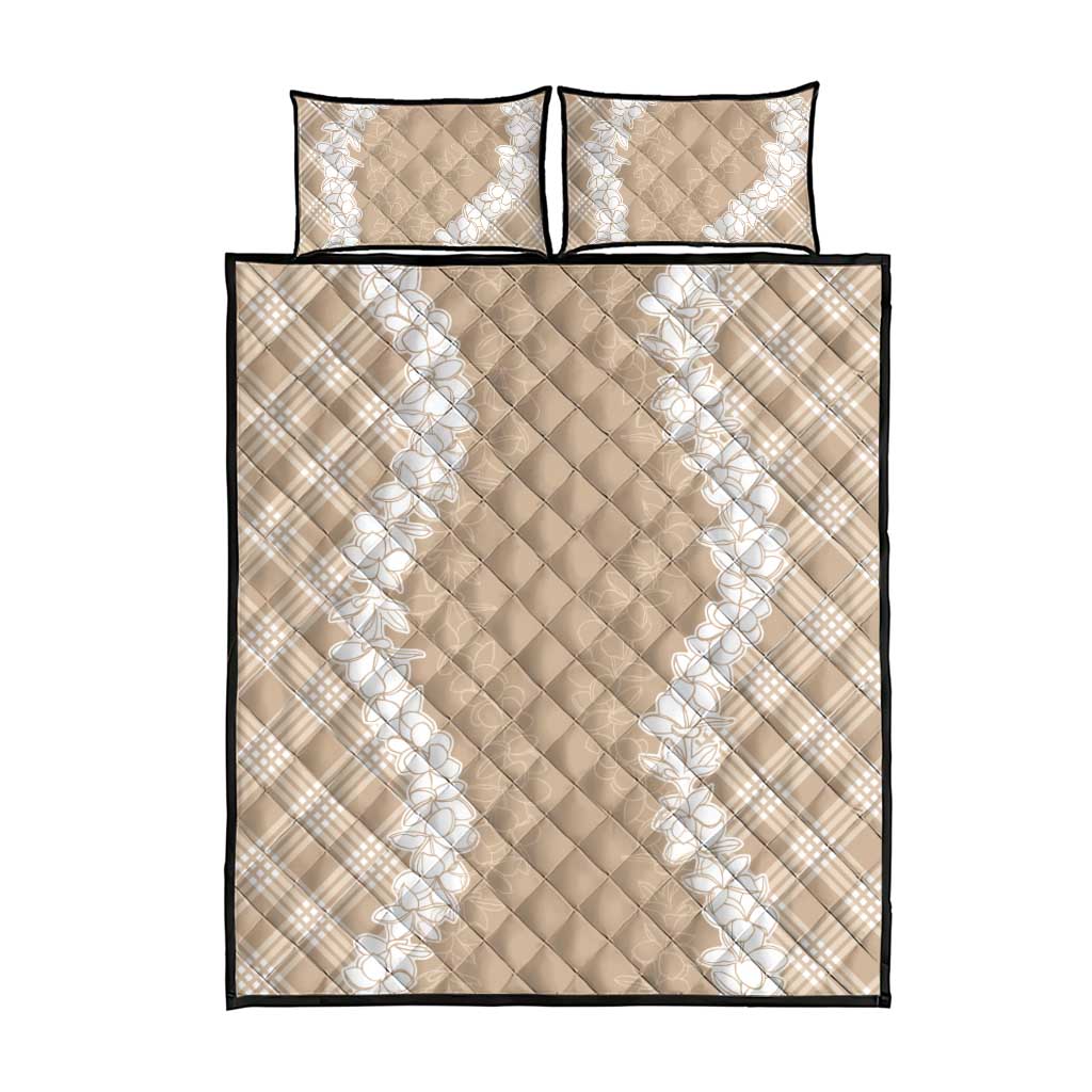 Hawaii Aloha Plumeria Lei Beige Palaka Quilt Bed Set - Polynesian Pride