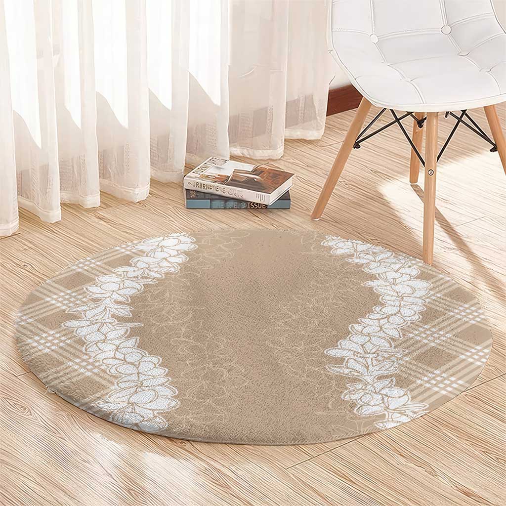 Hawaii Aloha Plumeria Lei Beige Palaka Round Carpet - Polynesian Pride