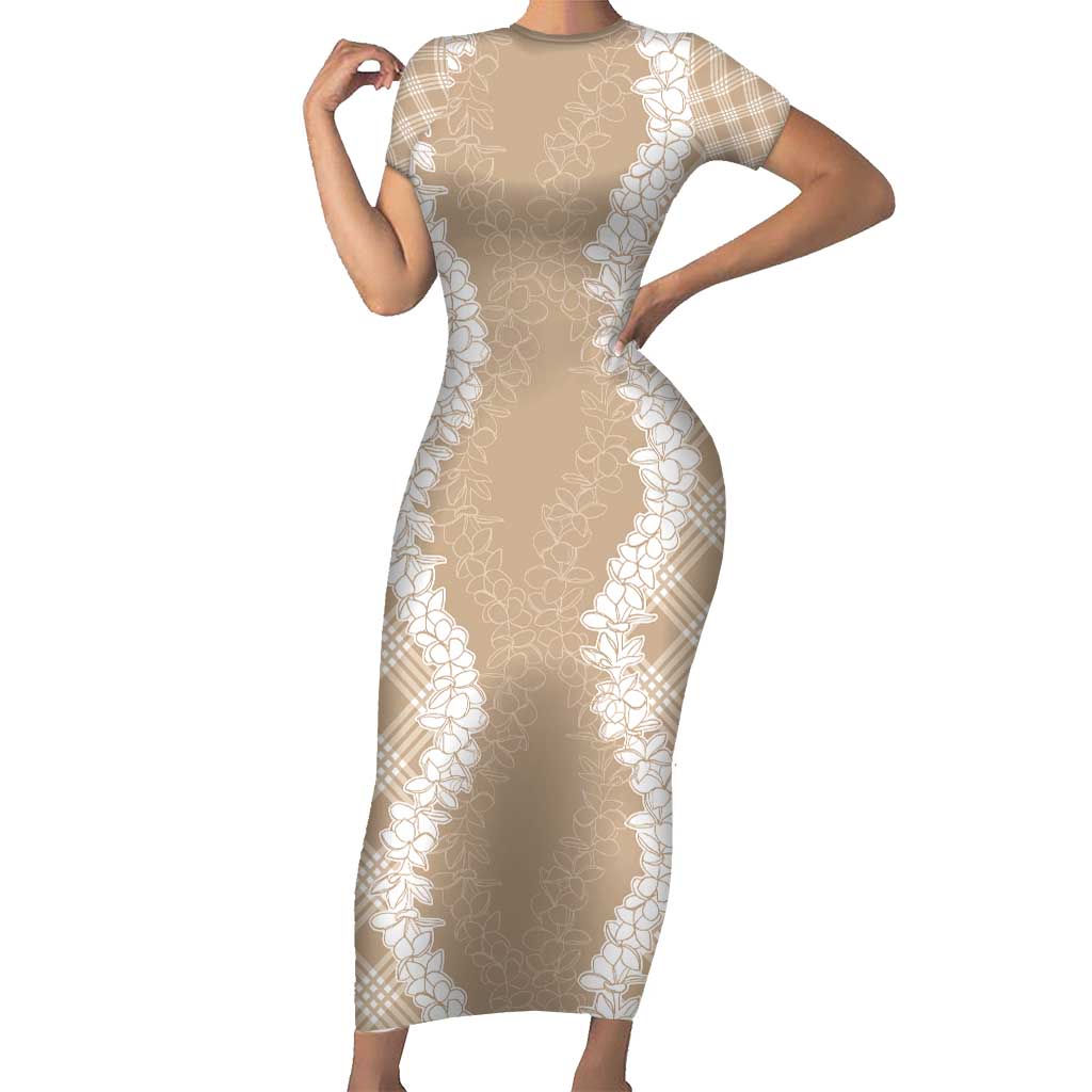 Hawaii Aloha Plumeria Lei Beige Palaka Short Sleeve Bodycon Dress LT7 Long Dress Beige - Polynesian Pride
