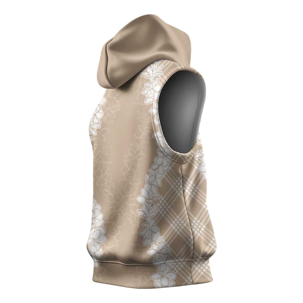 Hawaii Aloha Plumeria Lei Beige Palaka Sleeveless Hoodie - Polynesian Pride