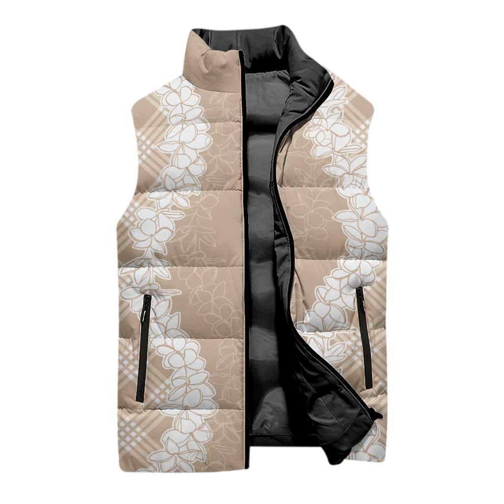 Hawaii Aloha Plumeria Lei Beige Palaka Sleeveless Puffer Jacket - Polynesian Pride