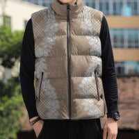 Hawaii Aloha Plumeria Lei Beige Palaka Sleeveless Puffer Jacket - Polynesian Pride