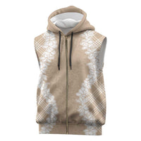 Hawaii Aloha Plumeria Lei Beige Palaka Sleeveless Zip Hoodie - Polynesian Pride