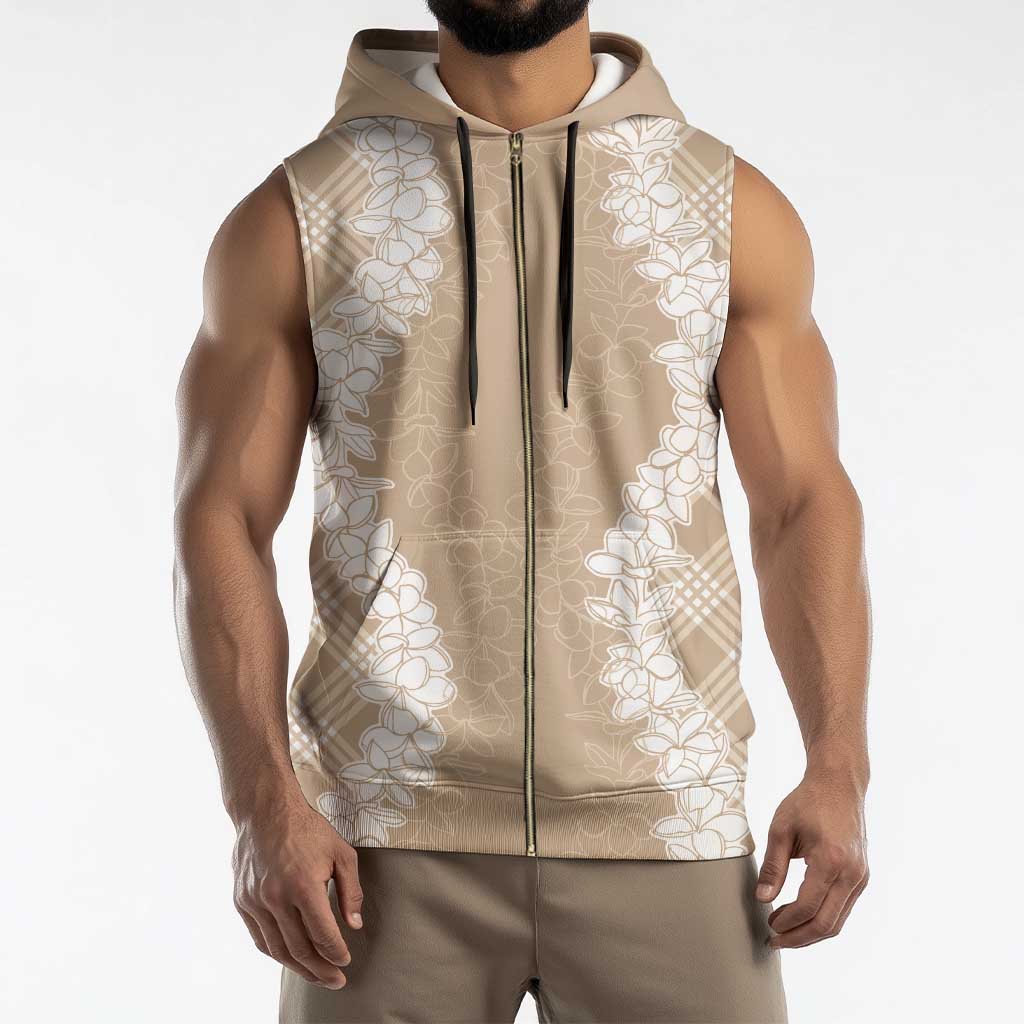 Hawaii Aloha Plumeria Lei Beige Palaka Sleeveless Zip Hoodie - Polynesian Pride