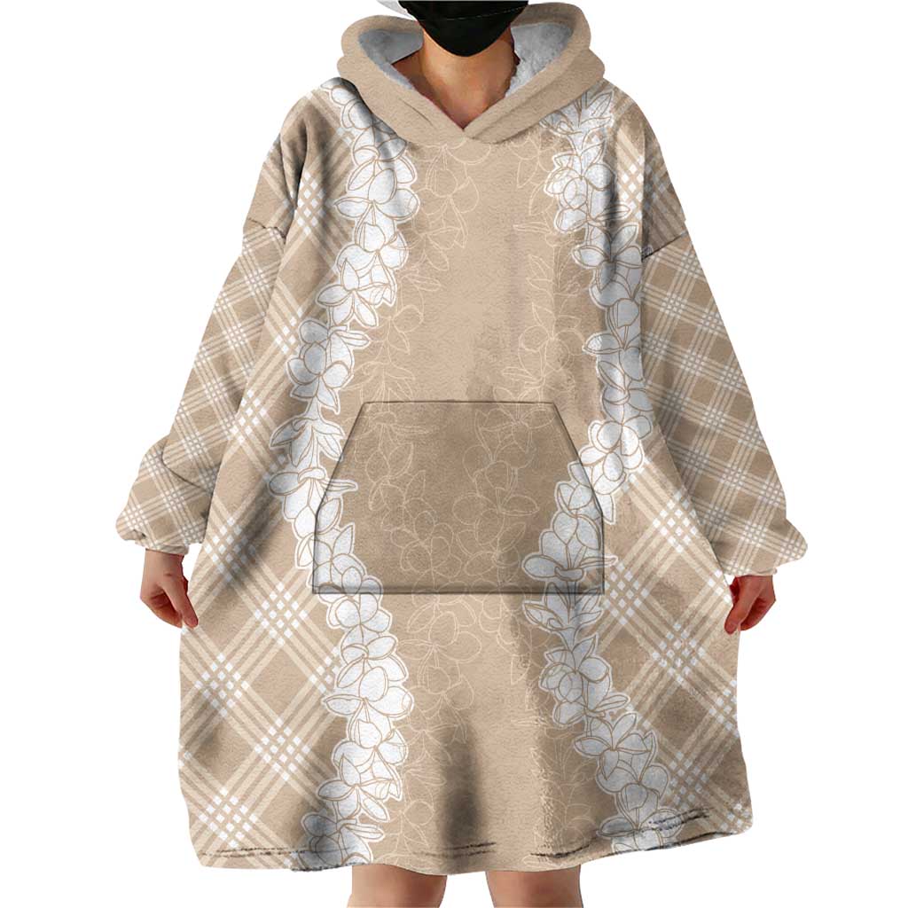 Hawaii Aloha Plumeria Lei Beige Palaka Wearable Blanket Hoodie - Polynesian Pride