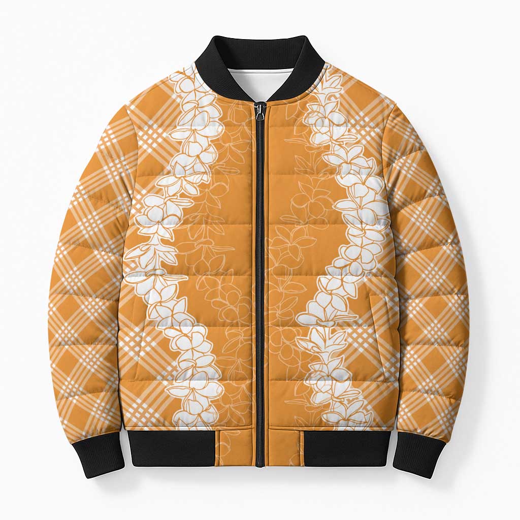 Hawaii Aloha Plumeria Lei Orange Palaka Bomber Puffer Jacket - Polynesian Pride