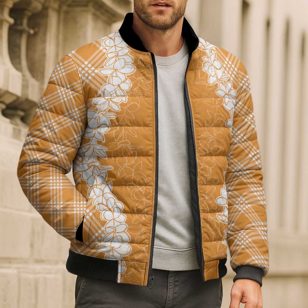 Hawaii Aloha Plumeria Lei Orange Palaka Bomber Puffer Jacket LT7 - Polynesian Pride