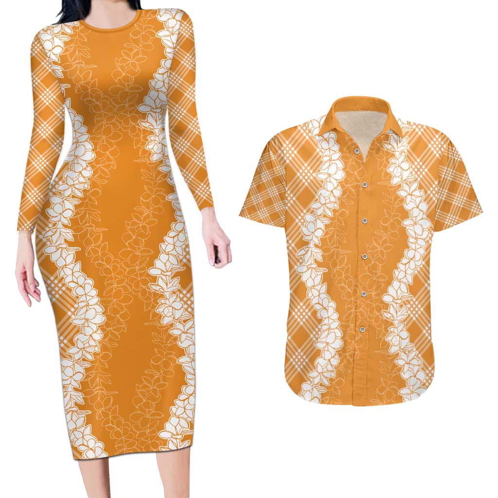 Hawaii Aloha Plumeria Lei Orange Palaka Couples Matching Long Sleeve Bodycon Dress and Hawaiian Shirt LT7 Orange - Polynesian Pride