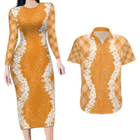 Hawaii Aloha Plumeria Lei Orange Palaka Couples Matching Long Sleeve Bodycon Dress and Hawaiian Shirt LT7 Orange - Polynesian Pride