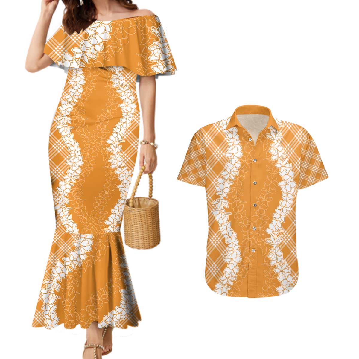 Hawaii Aloha Plumeria Lei Orange Palaka Couples Matching Mermaid Dress and Hawaiian Shirt - Polynesian Pride