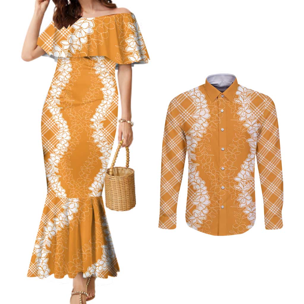 Hawaii Aloha Plumeria Lei Orange Palaka Couples Matching Mermaid Dress and Long Sleeve Button Shirt - Polynesian Pride