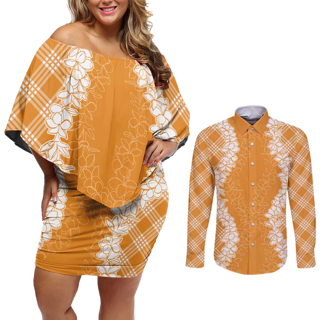 Hawaii Aloha Plumeria Lei Orange Palaka Couples Matching Off Shoulder Short Dress and Long Sleeve Button Shirt - Polynesian Pride