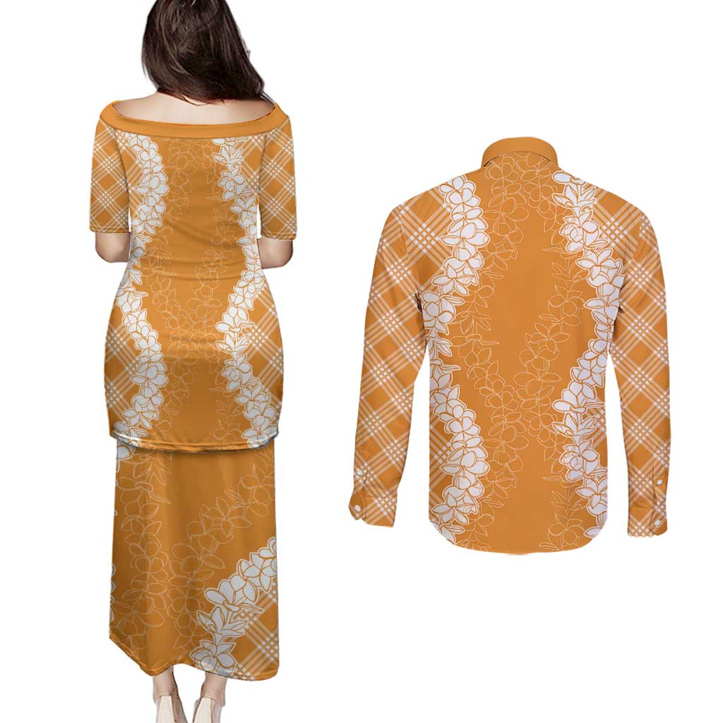 Hawaii Aloha Plumeria Lei Orange Palaka Couples Matching Puletasi and Long Sleeve Button Shirt - Polynesian Pride
