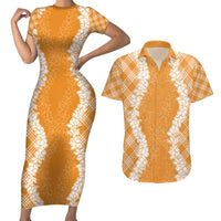 Hawaii Aloha Plumeria Lei Orange Palaka Couples Matching Short Sleeve Bodycon Dress and Hawaiian Shirt LT7 Orange - Polynesian Pride