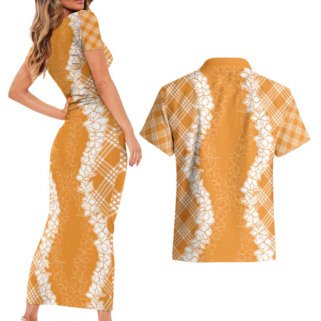 Hawaii Aloha Plumeria Lei Orange Palaka Couples Matching Short Sleeve Bodycon Dress and Hawaiian Shirt LT7 - Polynesian Pride