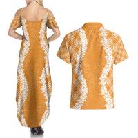Hawaii Aloha Plumeria Lei Orange Palaka Couples Matching Summer Maxi Dress and Hawaiian Shirt - Polynesian Pride