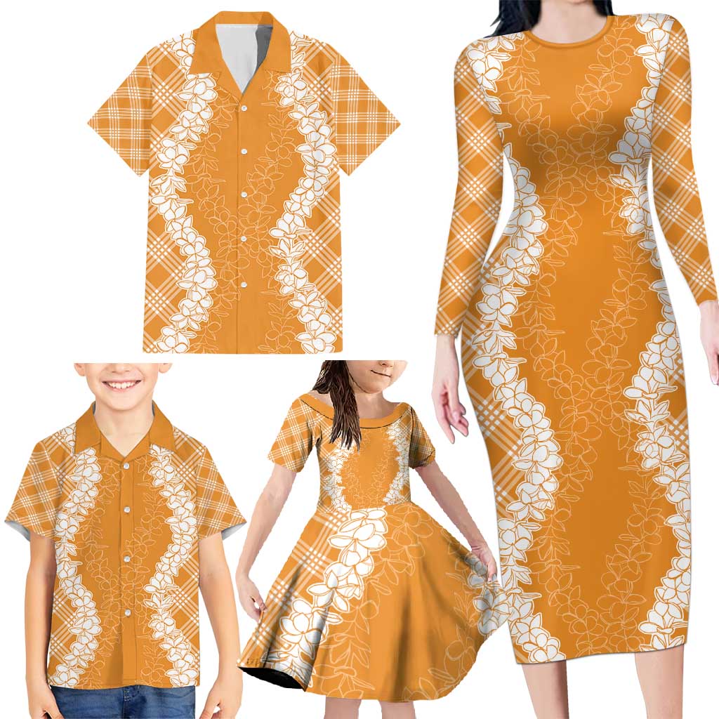 Hawaii Aloha Plumeria Lei Orange Palaka Family Matching Long Sleeve Bodycon Dress and Hawaiian Shirt - Polynesian Pride