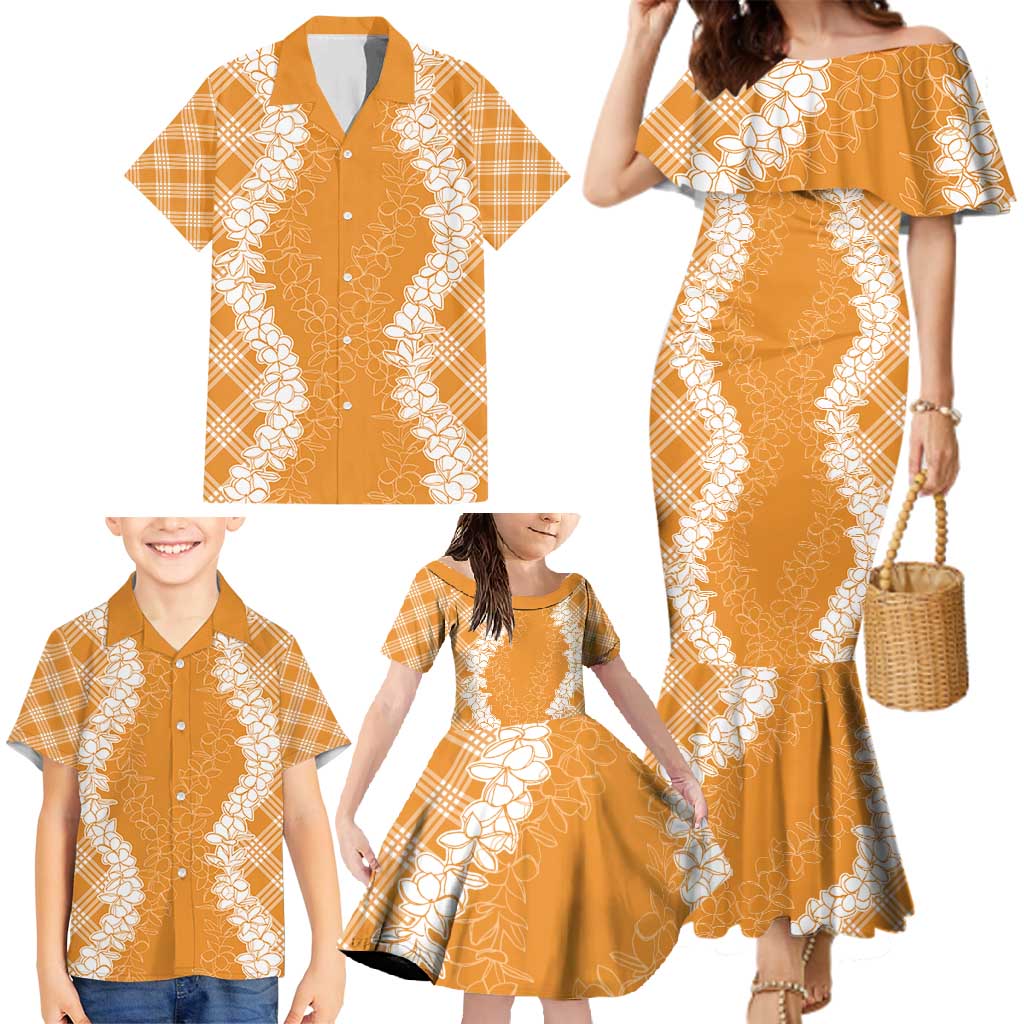 Hawaii Aloha Plumeria Lei Orange Palaka Family Matching Mermaid Dress and Hawaiian Shirt - Polynesian Pride