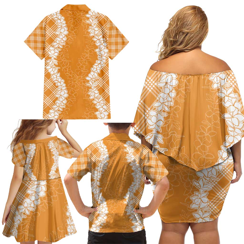 Hawaii Aloha Plumeria Lei Orange Palaka Family Matching Off Shoulder Short Dress and Hawaiian Shirt - Polynesian Pride
