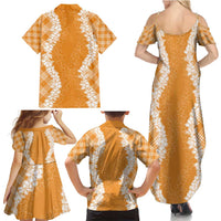 Hawaii Aloha Plumeria Lei Orange Palaka Family Matching Summer Maxi Dress and Hawaiian Shirt - Polynesian Pride