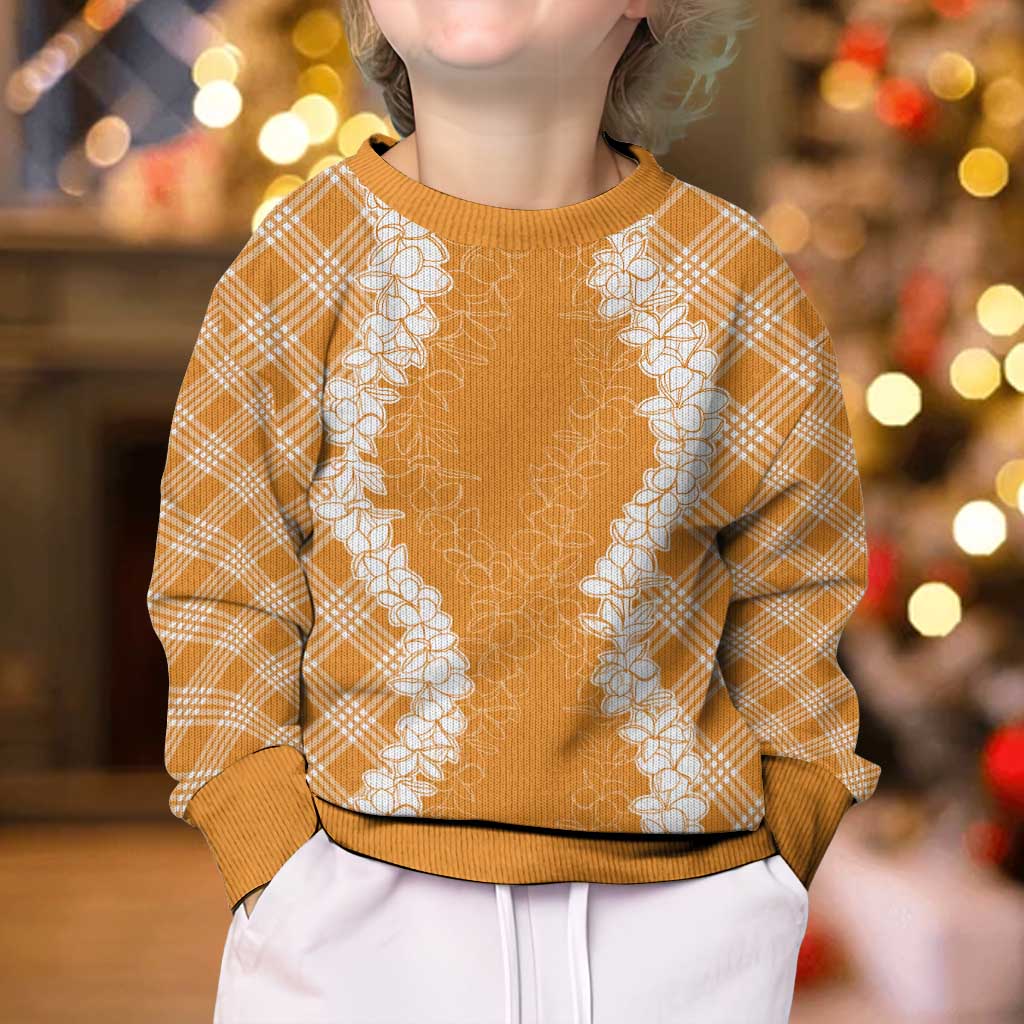 Hawaii Aloha Plumeria Lei Orange Palaka Kid Ugly Christmas Sweater - Polynesian Pride