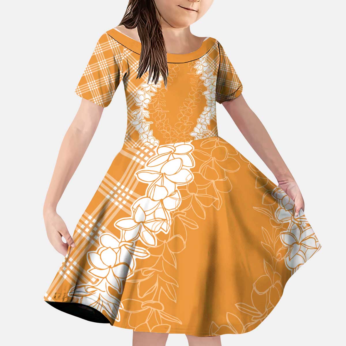 Hawaii Aloha Plumeria Lei Orange Palaka Kid Short Sleeve Dress - Polynesian Pride