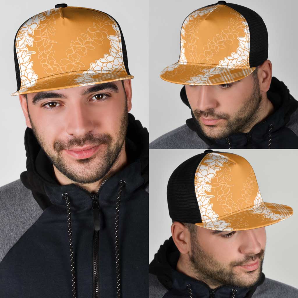 Hawaii Aloha Plumeria Lei Orange Palaka Mesh Trucker Cap - Polynesian Pride
